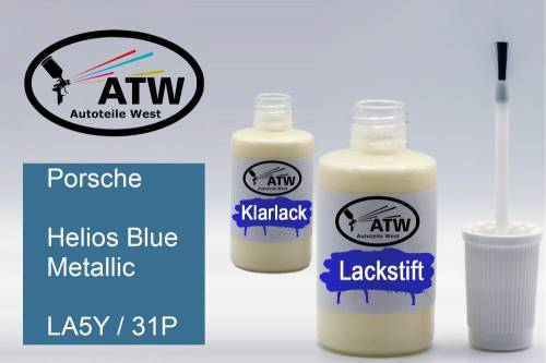 Porsche, Helios Blue Metallic, LA5Y / 31P: 20ml Lackstift + 20ml Klarlack - Set, von ATW Autoteile West.